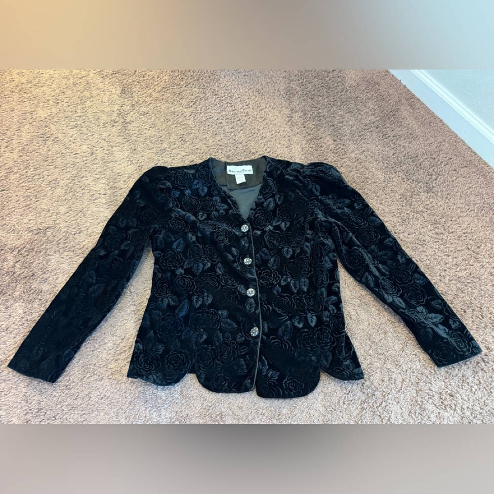 Another Thyme Black Velvet Puff Sleeve Blazer Jacket Rhinestone Whimsigoth 80s L - Picture 1 of 9
